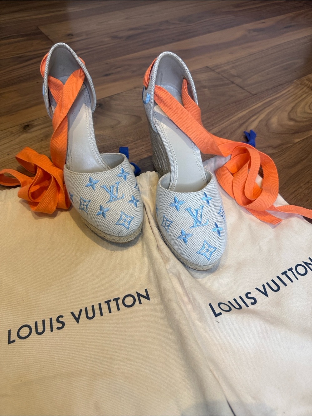 Louis Vuitton Women's White & Blue Espadrille Wedge Sandals